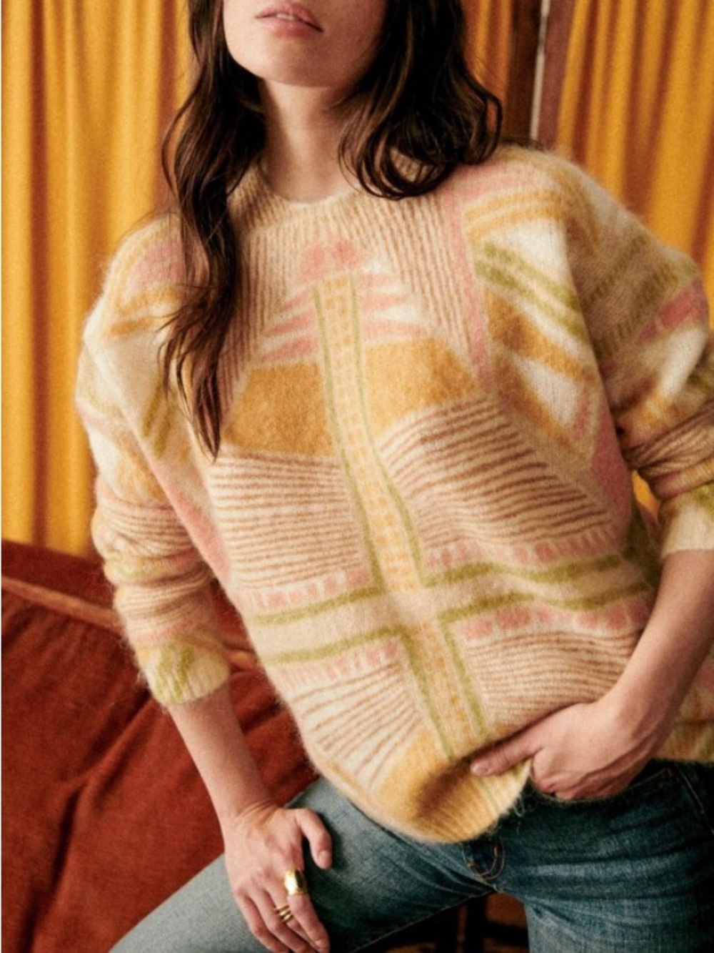 SEZANE Cream Yellow Pink Green Abstract Print Mohair Wool Sweater Sira Jumper